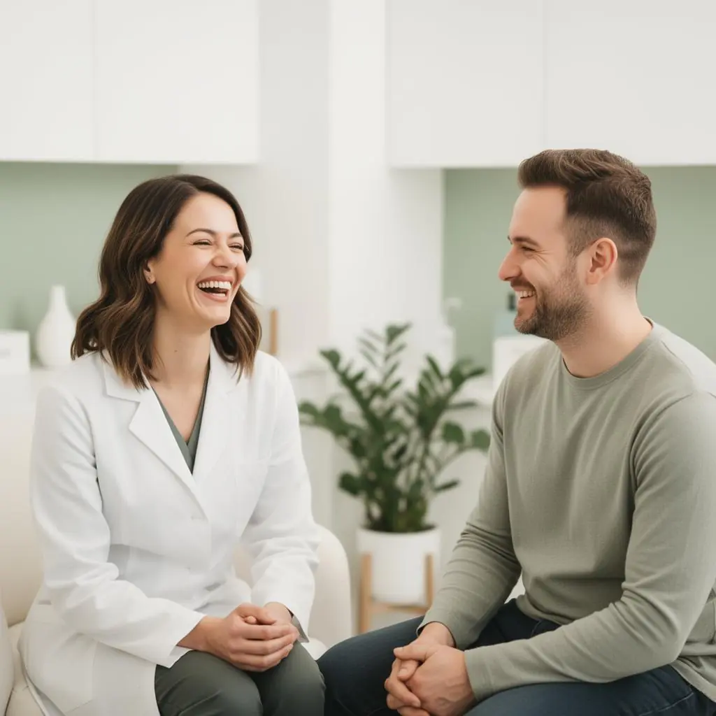 Doctor and patient laughing together at Heal + Glow clinic